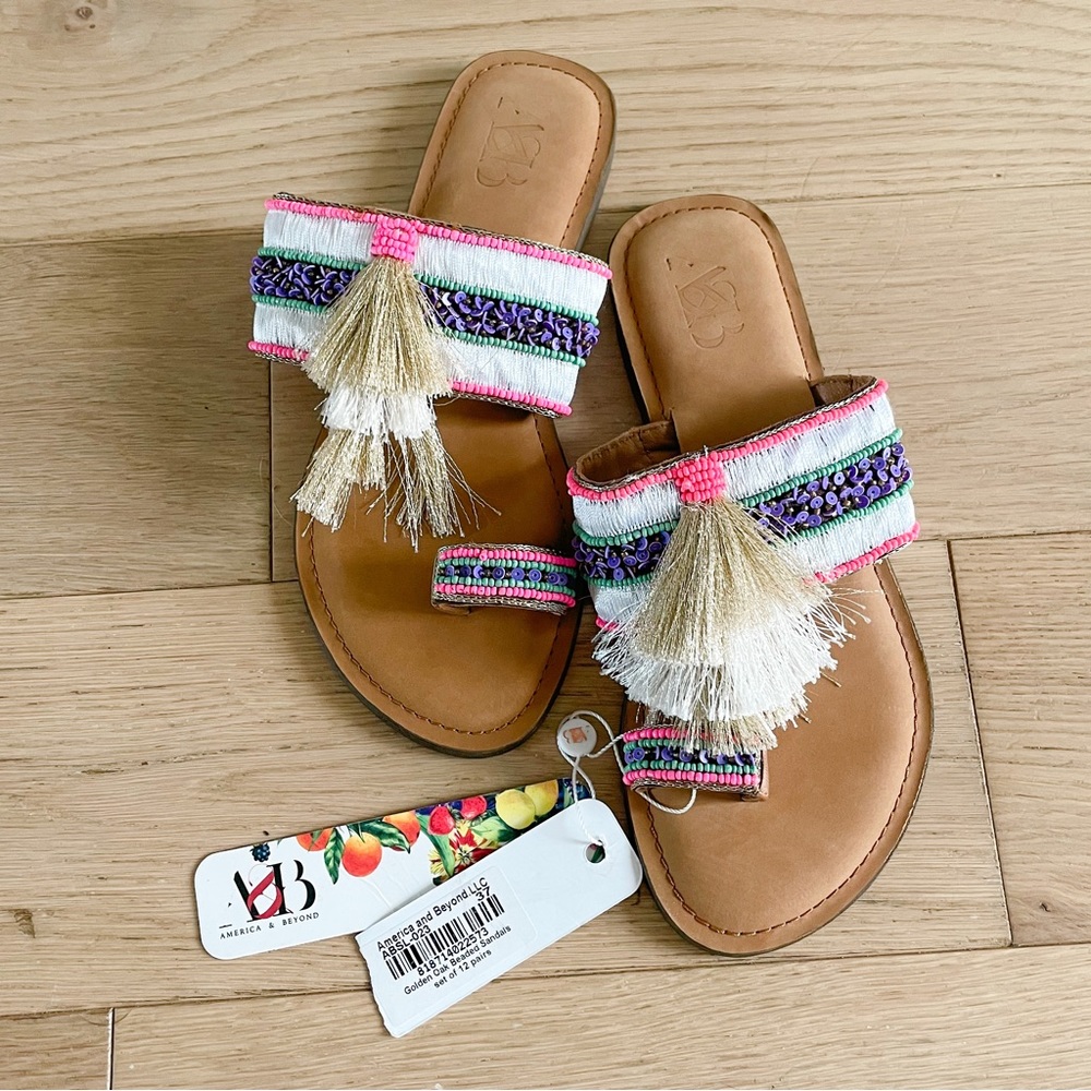 America & Beyond Golden Oak Beaded Sandals 37